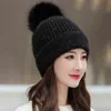 Cokk Kış Şapkaları Kadınlar için Knited Beanie Tavşan Kürk Ponpom Pullu Kalın Velvet Sıcak Kulak Koruma Çift Katmanlı Soğuk Kanıt J220722