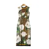 Spring Round Neck Natural Real Silk Dress Floral Print Multicolor Sleeveless Leopard print White Rose Mid-Calf Pencil Dresses 22G210040
