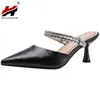 2022 Women Sandals High Heel Simple Pointed Toe Cowhide Woman Shoes Rhinones Single Shoes Thin Heels Black White G220425