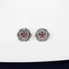 Vintage 16mm Flower Marcasite Stud Earrings 925 Sterling Silver Inlay 5mm Garnet Ear Stud for Women