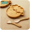 1 세트 mangkuk makan bayi piring kartun domba bambu alat anak dengan cangkir isap silikon sendok garpu kayu 220611