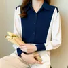 Women's Polos Spring High-End Temperament Contrast Color Stitched Chiffon Shirt Loose Korean Long Sleeve Casual TopWomen's PolosWomen's