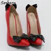 Sorbern Red Shiny Pump Women Dress Shoe With Black Bows 18Cm High Heel Special Arch Slip On Fetish Stilettos Shoe Pointed Toe Custom