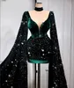 Pırıltılı Koyu Yeşil Kadife Payetli Kısa Gelinlik Modelleri Uzun Derin V Boyun Sararlar Mini Resmi Elbise Arapça ASO Ebi Kadınlar Akşam Parti Abiye Vestidos de Festa