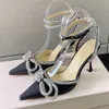 Strass Damen Sandalen Stilettos Kristall Schleife Satin Sommer Damen Echtes Leder Super Heels Party Ball Schuhe 35-42 Größen