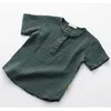 Katoen Linnen Baby Boy T-shirts Zomer Peuter Comfortabele Meisjes Tops Kinderkleding Kids Button Tees 90 140CM Hoogte 220620