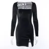 Dfllifes Sexig Women Dress Velvet Split Party Clubwear Long Sleeve Slim Female Dresses Black BodyCon Solid Mini Vestidos 220521