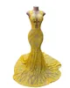 2022 Kvinnor vintage arabisk formell prom klänning gul sexig ärmlös v hals sjöjungfrun aftonklänningar