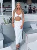 WannaThis Two Piece Set Women Summer Ankle-Length Skirts Women Crop Top Sexy Party Outfit Elegant Solid Hollow Out Skirts Sets 220624