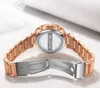 Pasek ze stali nierdzewnej Lignt Luksusowe eleganckie zegarki damskie Perfect Moment Pełny diamentowy okrągły kwarc Rose Gold Hardlex Watch Wlisth