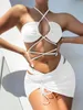 3 piezas falda de malla traje de baño mujeres halter micro bikini 2021 cintura alta traje de baño sexy sólido ropa de playa traje de baño biquini w220425