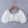 Women's Blouses & Shirts Sexy White Lace Top Women Elegant Crop Tops Short Sleeve Tie Front Up Blouse Fashion 2022 Summer Puff TopWomen's