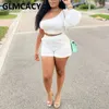 Two Piece Chic Party Suits Long Sleeve One Shoulder Crop Top Casual Shorts Set 220423