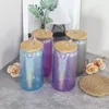 Nouveau 16 oz Sublimation Glitter Canette De Bière 4 Couleurs Verre Clair Avec Couvercles En Bois Pailles En Plastique 500 ml Blanc Blanc Bouteilles D'eau DIY Transfert De Chaleur Vin Gobelets