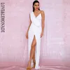 LOVELEMONADE Sexy blanc col en v profond avec paillettes fendues robe Maxi de soirée LM81849 220507