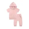 Summer Kids Hoodie Clothing Sets Casual Pocket Short Sleeve Hooded Top + Pants 2Pcs/Set Outfits Boutique Children Boy And Girls Solid Suits