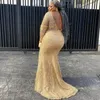 2022 Gold Lace Prom Special Ocn Robes plus taille Black Femmes Long Manchet Concourage V Open Back Robe Formel Evenant Elegant 0510