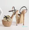 Högklack Sandalias Fjäril-knot Cane Woven Platform Sandaler för kvinnor Öppna tå träskor spännband