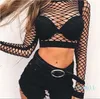 2022-Hollow out perspective fishnet exposed navel Women's T-Shirt European and American nightclub sexy large mesh short top