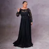 2022 Vintage Black Chiffon Mãe dos Vestidos da Noiva Cinturão Bow vestidos de noite mangas compridas com apliques de renda de renda