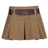 HEYounGIRL Mini jupe plissée marron décontractée pour femme, jupe courte taille haute avec ceinture, mode coréenne des années 90, rue d'été W220426