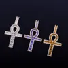 Hip Hop Zircon Egyptian Ankh Key of Life Necklace with 24inch Rope Chain Copper Cross Pendant Cubic Zirconia