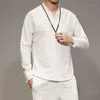 Camisetas masculinas estilo chinês HFYF 2022 camiseta de manga comprida algodão e linho Led camisa casual masculino respirável tamanho grande