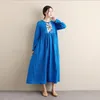 Vêtements ethniques Produits d'été Bleu Blanc Fleur Chinois Antique Robe Florale Col Rond Manches Longues Coton Lin Vintage Robe De Broderie