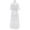 Hollow Out White Dress Sexy Women Long Lace Dress Cross Semi-Sheer Plunge V-Neck Short Sleeve Lace Maxi Dress 220409