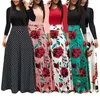 Women Plus Size Bohemian Long Sleeve Maxi Dress Color Block Polka Dot Floral Patchwork Bodycon Empire Waist Vintage S-5XL 210303