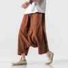 Katoen linnen wijd been zomer mannen casual kalf lengte mannelijke baan vaste big pocket baggy broek broek broek l220706