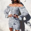 2020 modna kwadratowa szyja kwiatowy nadruk Kobiety z długim rękawem Bodycon Mini Boho Beach dla dziewcząt odzież LJ200818