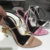 Heeled sandals womens shoe Fashion Gold padlock Denim Luxury Designer Dress shoes Genuine Leather Narrow Band cool stiletto heel quality women sandal With Box