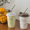 370ml Kawaii Korean Coffee Cups With Straw Lid Ceramic Personalized Breakfast Mug Brief Creative Portable Travel Water Cup Gift