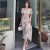 Summer Korean Designer Off Shoulder Dress Women Beach Slash Neck Ruffles Flora Print Chiffon Long With Pink Belt 210529