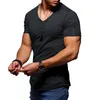 T-shirt à manches courtes pour hommes, col en V, Fitness, musculation, rue, été, fermeture éclair, décontracté, haut en coton, 220610