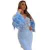 Mãe da noiva vestidos de noiva Blue Lace Night Evening Deep V pescoço de mangas compridas Vestido de sereia com penas Vestido de baile de penas de chá