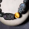 Fios de miçangas de alta qualidade Real arco-íris de gato olho de gato preto obsidiano contas Pixiu Bracelete Lucky Charams Bracelets de jóias para homens Boman B
