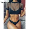 NYTT SEXY FISKNET MESH SVART BIKINI KVINNOR SVÄRKLÄGNING KVINNA SWIMSIT TREPIECES Bikini Set Bather Bathing Swim T200508