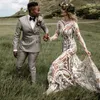 Garden Lace Long Sleeves Wedding Dresses Overweight Boho Tan Two Pieces Mermaid Rustic Open Back V Neck Bridal Gowns