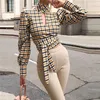 Sonbahar yeni kadın seksi bluz bayanlar uzun kollu sırtsız bandaj üstleri rahat ekose gömlek içi boş kaplumbağa boyun bluz t200322