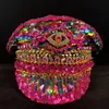 Basker lyxiga kvinnor militär hatt paljett brinnande yacht vecka kapten Sergeant Rhinestone Rave Festival Bachelorette del Hat basker