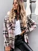 Damenblusen, Hemden, Damen-Retro-Plaid-Druck, lässig, Revers, lange Ärmel, Knopfleiste vorne, lockerer Taschenmantel, weibliche Oberbekleidung, schicke Tops