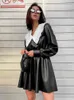 Mnealways18 Patchwork Women Leather Dress With Peter Pan Collar High Waist Autumn Winter Dress Elegant Ladies Black Dress Frill 220409