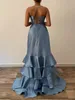 Elegante blaue Flecken-Abschlussballkleider mit Rüschen, abnehmbarem Rock, ärmellos, überbacken, lange formelle Abendkleider 2022, Damenkleid in Übergröße für besondere Anlässe