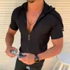 Summer Beach Mens Hooded Short Grid Shirts With Zipper Casual Homme Slim Fit T Shirts For Man Streetwear Solid Color Blus 220505