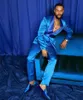TwoPieces Men Suits Silk Satin Tuxedos Summer Party Wear Fit Fashion Blue Business For Man Peaked Lapel Blazer Suit6849751