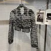 New fashion women's turn down collar letter print gauze sexy perspective long sleeve short jacket coat