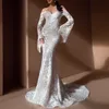 2022 white Lace Mermaid Prom Dresses veatidos off Shoulder long sleeves Beaded Appliques Tulle Floor Length Cheap Long Evening Gowns