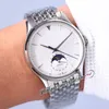 Master Ultra cienki 1368420 Faza Księżyca automatyczna męska zegarek 39 mm White Dial Srebrne markery kalendarza ze stali nierdzewnej Kalendarz Bransoletki Zegarki 2022 Pureteme JL-Y10f6